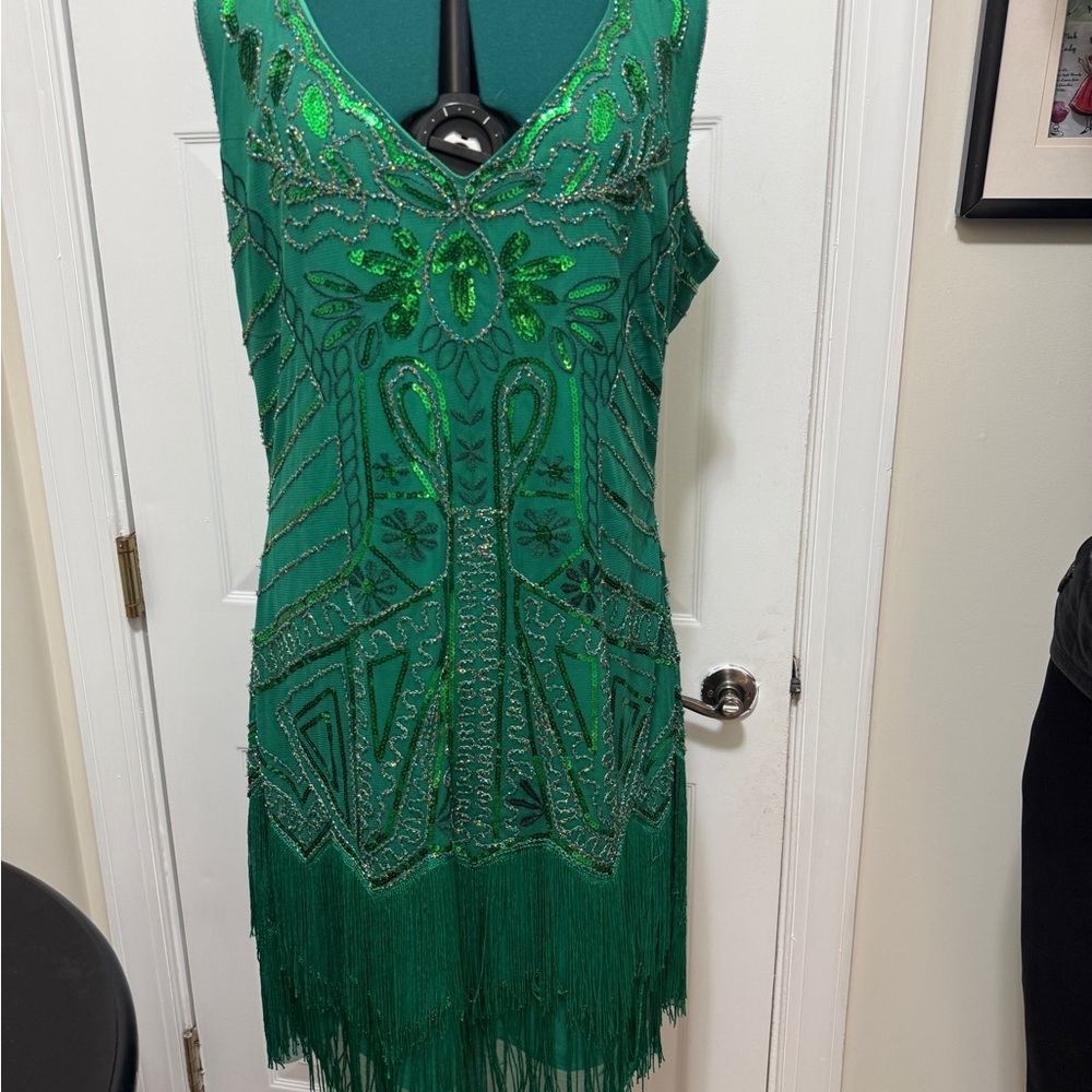 Green Beaded Fringe Women's Dress
